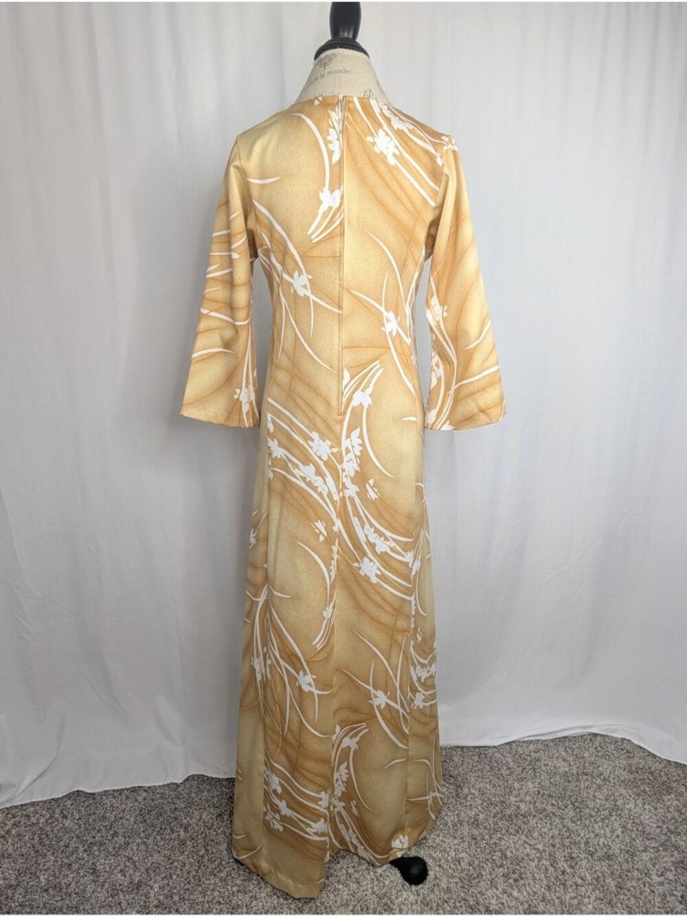 Vintage 60s Hawaiian Maxi Dress Medium Malama Tan Yellow - Picture 6 of 10